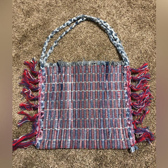 Denim scrap fringed handmade bag. Fun little bag from upcycled blue jeans. LOOK! - Picture 1 of 5